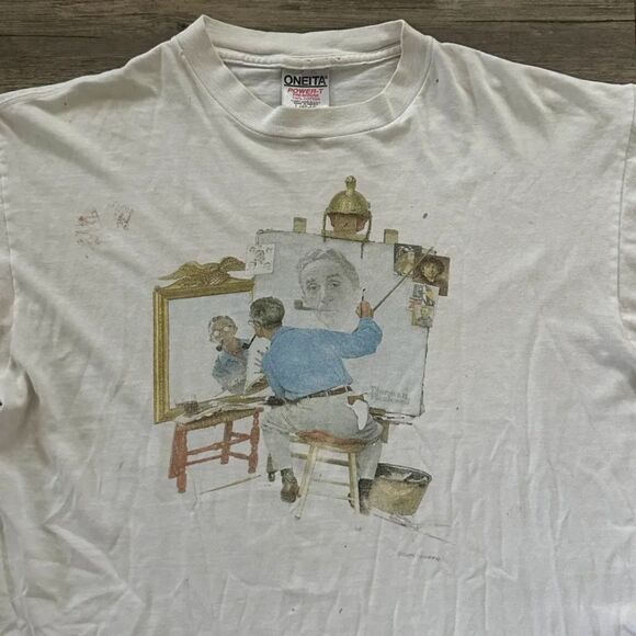 Vintage 90s Norman Rockwell Triple Self Portrait Art T-Shirt Size L - Picture 2 of 7